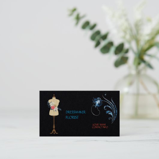Classy Premium Zwart Papier Dressmaker Bloemist Contactkaartje (Staand voorkant)