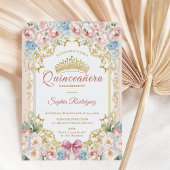 Classy Princess Roze Blauw Bloemen Quinceanera Aankondiging