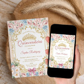 Classy Princess Roze Blauw Bloemen Quinceanera Aankondiging