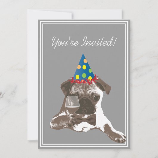 Classy Pug & WIne Birthday Party Invitation Kaart (Voorkant)