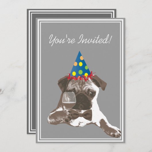 Classy Pug & WIne Birthday Party Invitation Kaart (Voorkant / Achterkant)