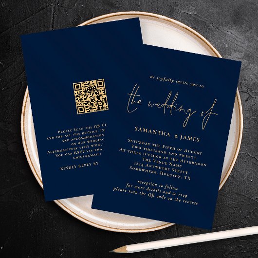 Classy QR Code Gold Navy Weddenschap Kaart