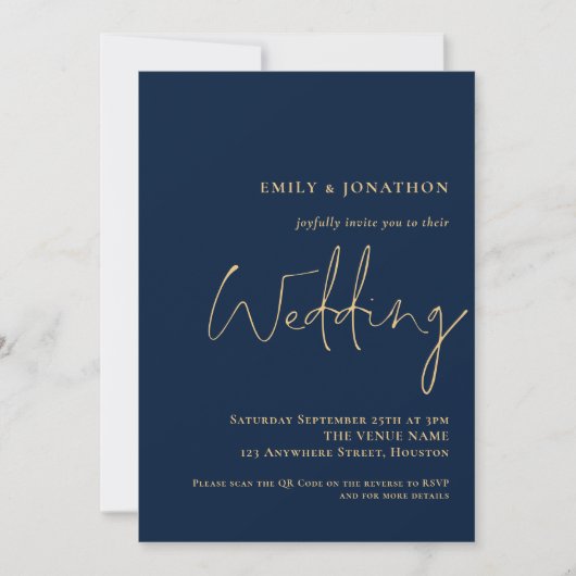Classy QR Code Navy Gold Script Weddenschap Kaart (Voorkant)