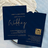 Classy QR Code Navy Gold Script Weddenschap Kaart