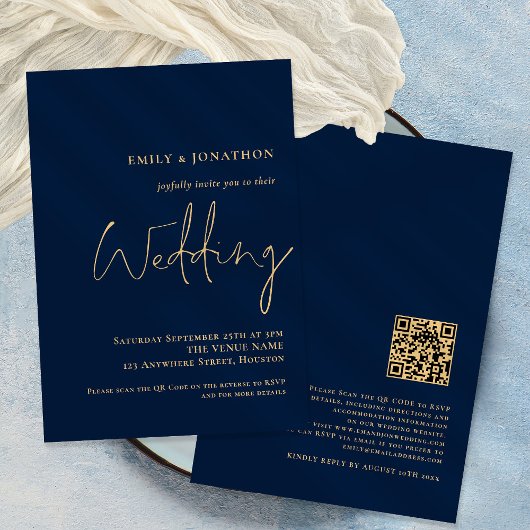 Classy QR Code Navy Gold Script Weddenschap Kaart