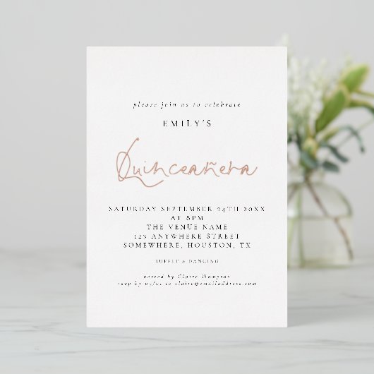 Classy Quinceanera Birthday Party Script Real Foli Folie Uitnodiging (Staand Voorkant)