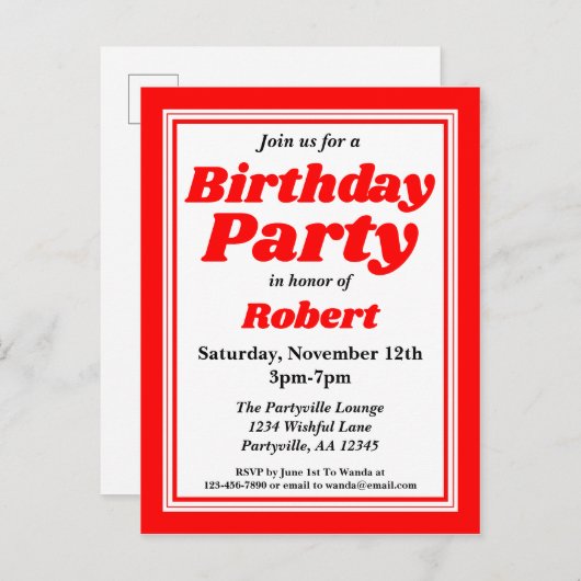 Classy Red Adult Birthday Party Uitnodiging Briefkaart (Voorkant / Achterkant)