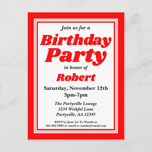 Classy Red Adult Birthday Party Uitnodiging Briefkaart (Voorkant)