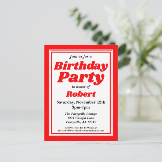 Classy Red Adult Birthday Party Uitnodiging Briefkaart (Staand voorkant)