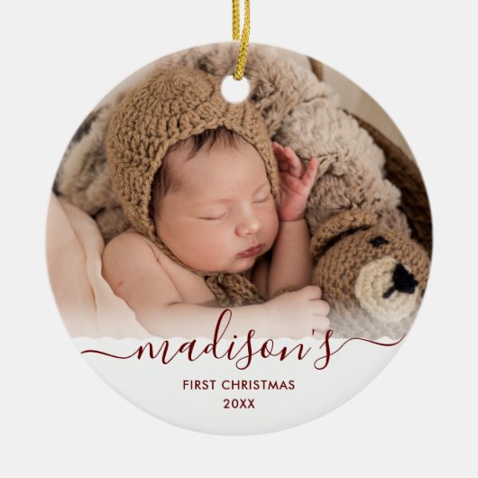 Classy Red Baby 1 Kerstmis 2 Foto naam Keramisch Ornament (Voorkant)