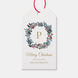 Classy Red Blue Berries met gouden monogram Cadeaulabel