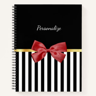 Classy Red Bow Black en White Stripes met naam Notitieboek