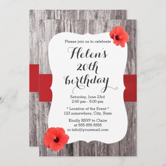 Classy Red Hibiscus Wood Achtergrond Birthday Part Kaart (Voorkant / Achterkant)
