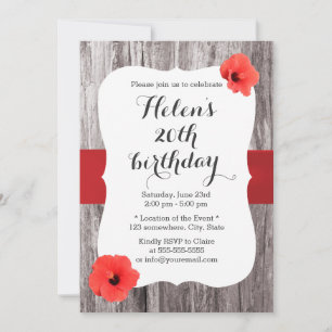 Classy Red Hibiscus Wood Achtergrond Birthday Part Kaart