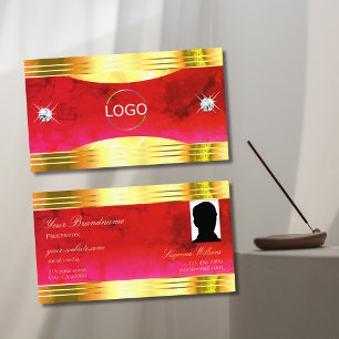 Classy Red Marble Shiny Gold Border Logo en foto Visitekaartje