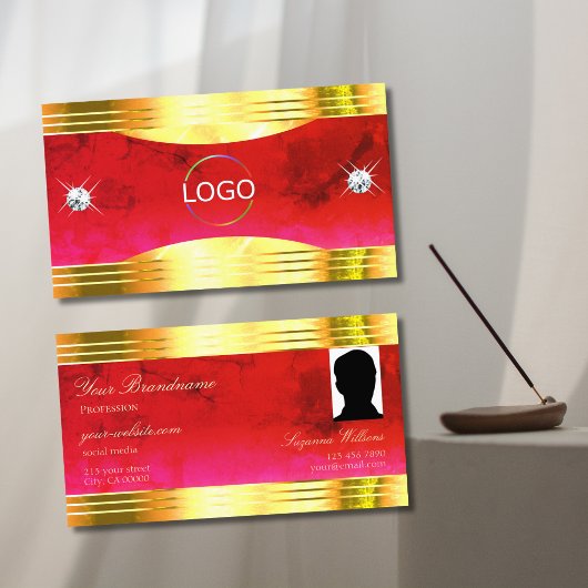 Classy Red Marble Shiny Gold Border Logo en foto Visitekaartje