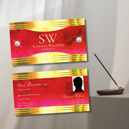 Classy Red Marble Shiny Gold Border Monogram Foto Visitekaartje