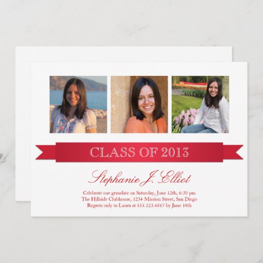Classy red ribbon 3, uitnodiging voor afstuderen (Voorkant / Achterkant)