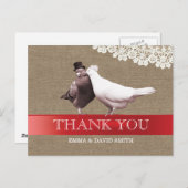 Classy Red Ribbon Tortelduifjes Burlap Dank u Briefkaart (Voorkant / Achterkant)