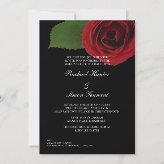Classy Red Rose Wedding Invitiment - Black Kaart (Voorkant)