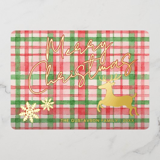 Classy rendier op donkergroen roze rood geplakt go folie feestdagenkaart (Voorkant)