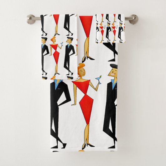 Classy Retro 50s Paar Cocktail Party Rood Zwart Bad Handdoek (Insitu)