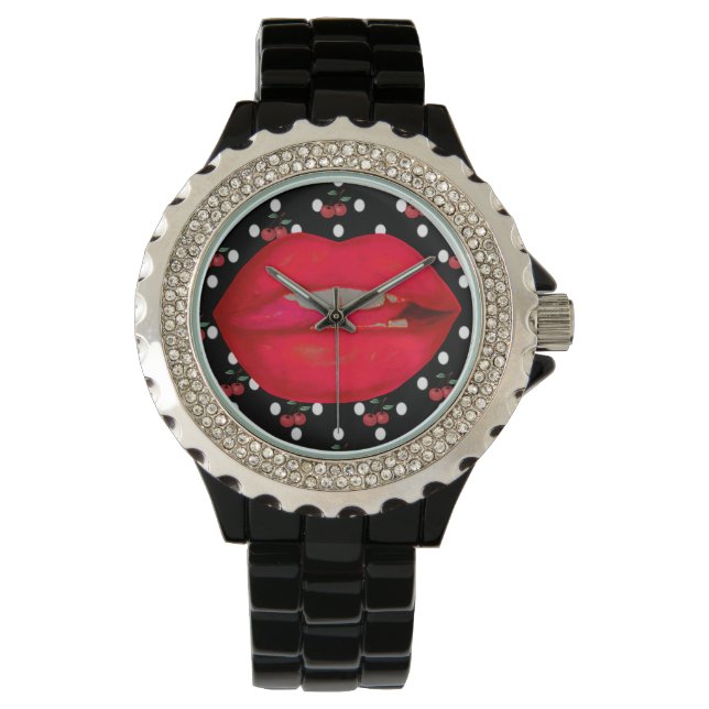 Classy Rhinestone Cherry Lips Rockabilly horloge (Voorkant)