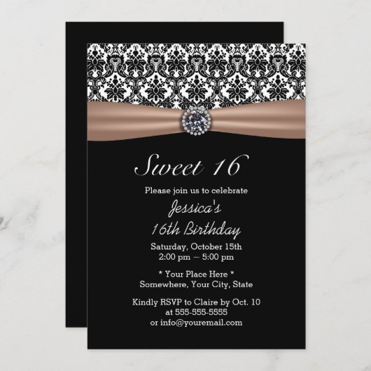 Classy Ribbon & Damask Diamond Sweet 16 Kaart (Voorkant / Achterkant)