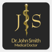 Classy Rod van Asclepius Gold op Black Medical Vierkante Sticker (Voorkant)