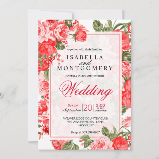 Classy rode bloemen bruiloft kaart (Voorkant)
