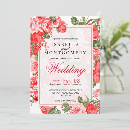 Classy rode bloemen bruiloft kaart (Staand voorkant)