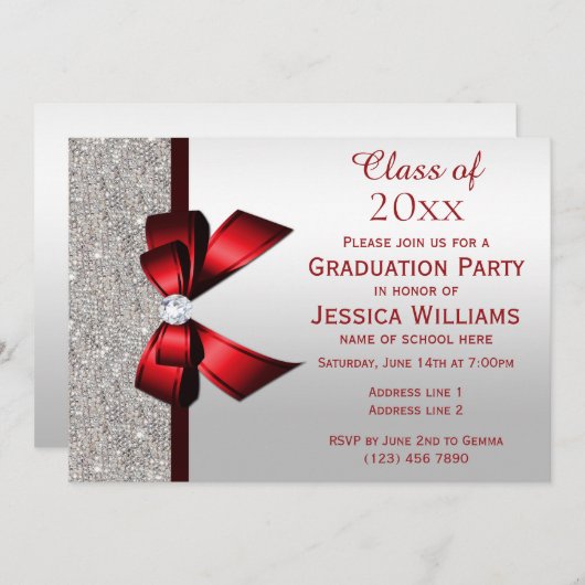 Classy rode juweelboog, zilveren pailletten Afstud Kaart (Voorkant / Achterkant)