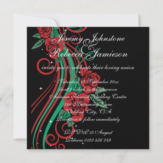 Classy rode rozen en groene wervelingen op zwarte  kaart (Achterkant)