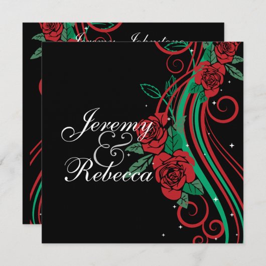 Classy rode rozen en groene wervelingen op zwarte  kaart (Voorkant / Achterkant)