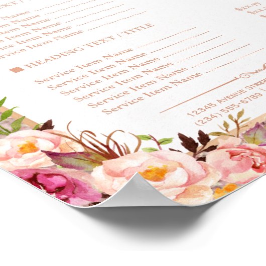 Classy Roos Gold Glitter Floral Beauty Salon Menu Poster (Hoek)