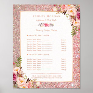 Classy Roos Gold Glitter Floral Beauty Salon Menu Poster