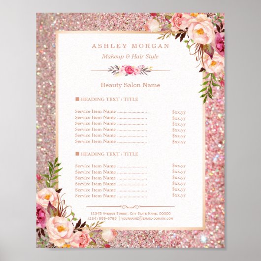 Classy Roos Gold Glitter Floral Beauty Salon Menu Poster (Voorkant)