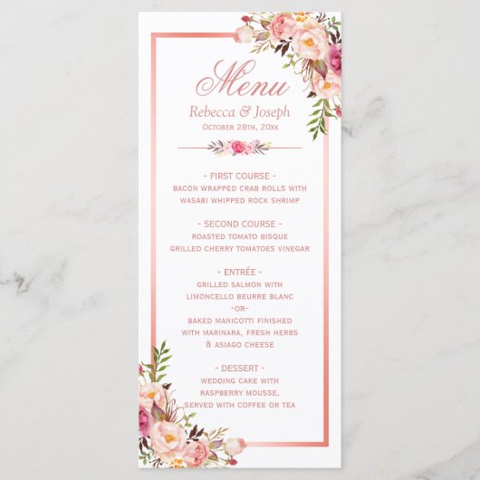 Classy Roos Gold Lijst Floral Wedding Menu (Voorkant)