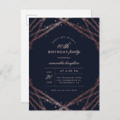 Classy Roos Gold & Navy Blue Birthday Party Uitnodiging Briefkaart (Voorkant / Achterkant)