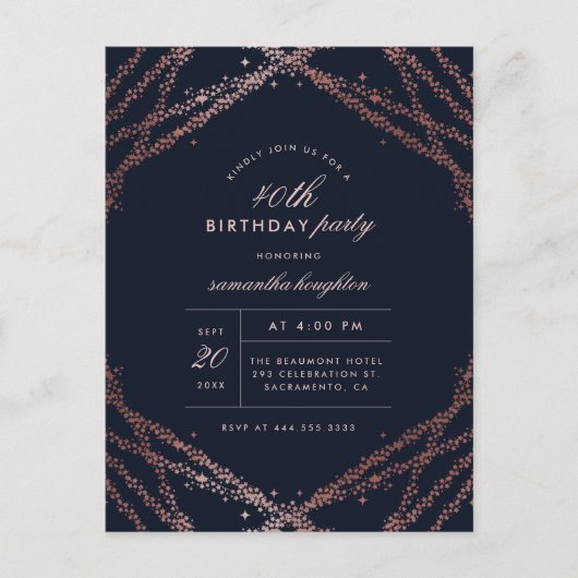 Classy Roos Gold & Navy Blue Birthday Party Uitnodiging Briefkaart (Voorkant)