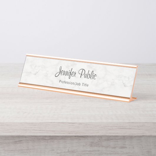 Classy Roos Gold White marmer Modern Elegant Bureau Naambordje (Voorkant)