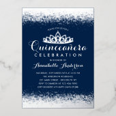 Classy Royal Blue Quinceañera Silver Tiara Glitter Folie Uitnodiging (Voorkant)