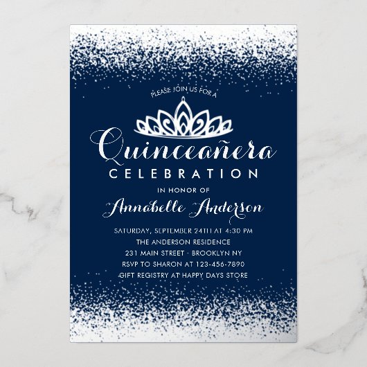 Classy Royal Blue Quinceañera Silver Tiara Glitter Folie Uitnodiging (Voorkant)