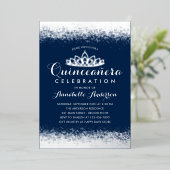 Classy Royal Blue Quinceañera Silver Tiara Glitter Folie Uitnodiging (Staand Voorkant)