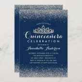 Classy Royal Blue Quinceañera Silver Tiara Glitter Kaart (Voorkant / Achterkant)
