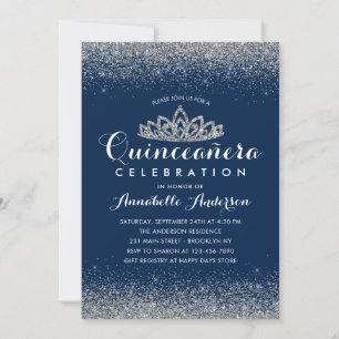 Classy Royal Blue Quinceañera Silver Tiara Glitter Kaart