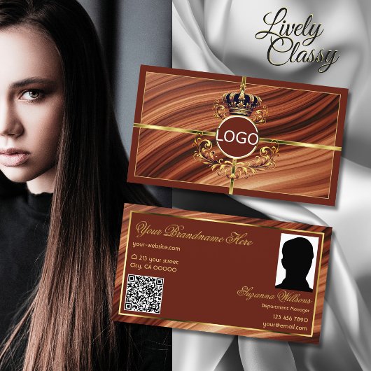 Classy Royal Brown Gold Crown Logo Foto QR-code Visitekaartje