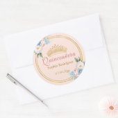 Classy Roze Blauw Bloemen Quinceanera Ronde Sticker (Envelop)