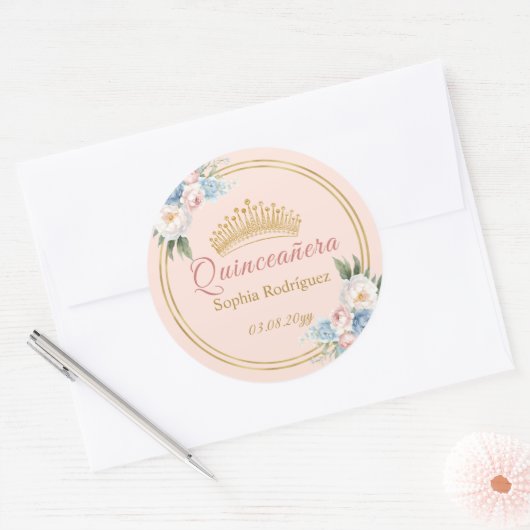 Classy Roze Blauw Bloemen Quinceanera Ronde Sticker (Envelop)