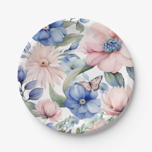 Classy Roze & Blauwe Bloem Bunch Papieren Bordje (Voorkant)